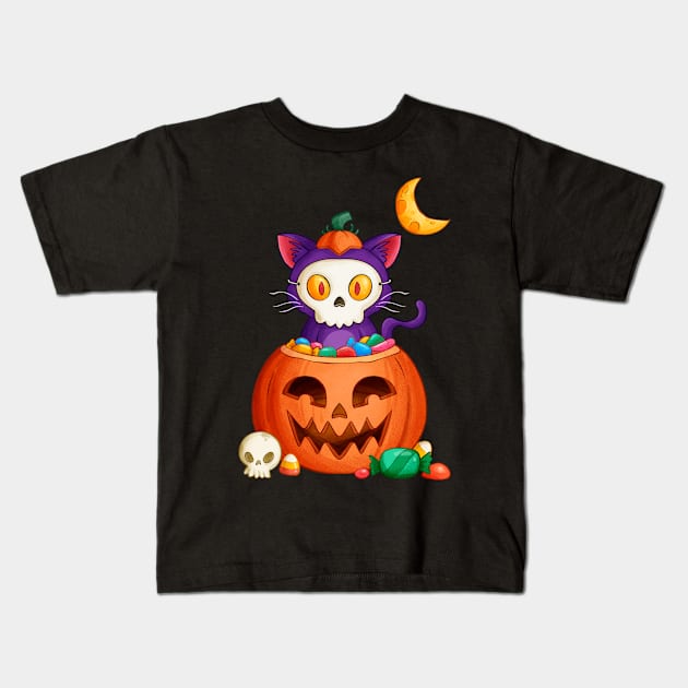 Halloween Cat Skull Cute halloween kitten for kids & adults Kids T-Shirt by FunnyUSATees